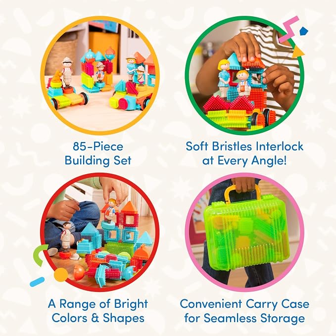 Battat Bristle Blocks Safari Adventure Carrying Case, 85-Piece Set, Playset | Interlocking building blocks with toy characters, a little dog, and reusable carry case for storage and travel, 2+ Years