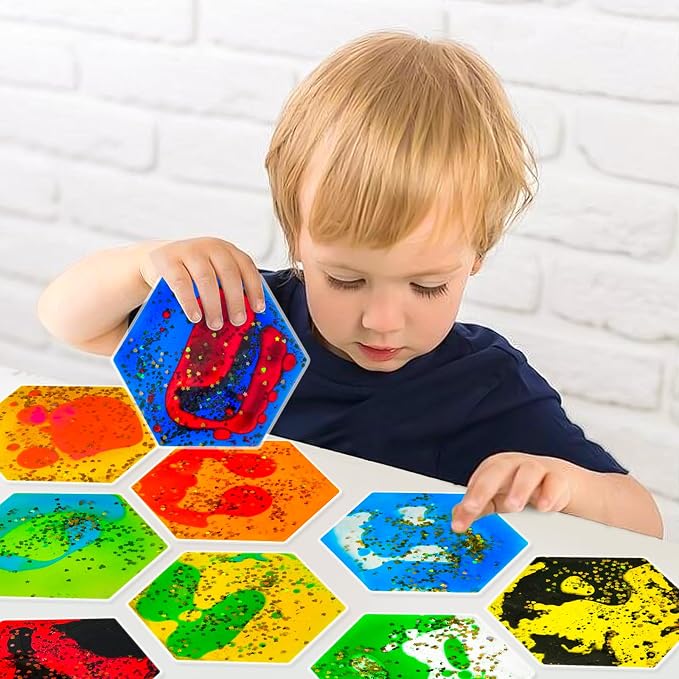 Liquid Sensory Soft Gel Toys - Set of 12 - Hexagonal | Sensory Fidget Toys, Water Sensory Toys, For Nursery, Playroom, For Toddlers and Kids with Autism