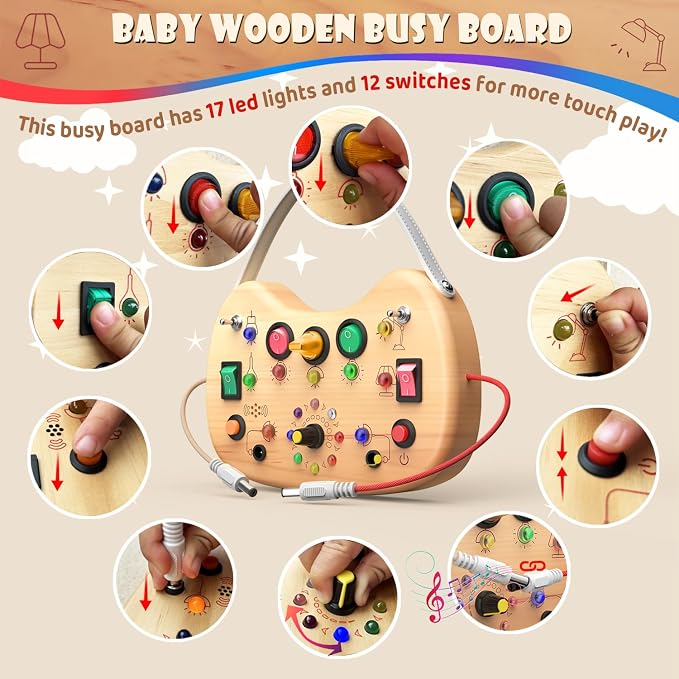 UdoUto Montessori Wooden Busy Board for Toddlers with LED Lights & Switches | Portable Activity Board, Car & Airplane Travel Toys Christmas & Birthday Gift for 1-3 Year Old Boys & Girls