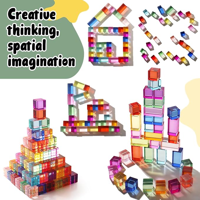 30 Pcs Mixed Acrylic Blocks Set - 10 Long (2.5x2.5x5CM) + 20 Cube (2.5x2.5x2.5CM) Rainbow Gem Blocks, Sensory Stacking Toy for 1 2 3 4 Years Old, Boys Girls Gift with Rich Building Possibilities