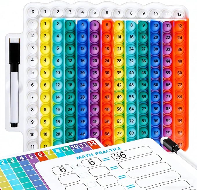 Educational e1 Multiplication Table pop Fidget Toy Rainbow Colors with Dry Erase Marker Stress Relieving Toy Memory Addition Game 3rd Grade pop 12x12 Rainbow Board Math manipulatives