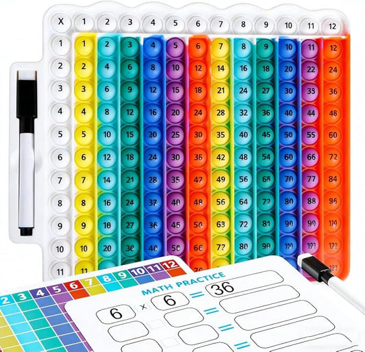 Educational e1 Multiplication Table pop Fidget Toy Rainbow Colors with Dry Erase Marker Stress Relieving Toy Memory Addition Game 3rd Grade pop 12x12 Rainbow Board Math manipulatives