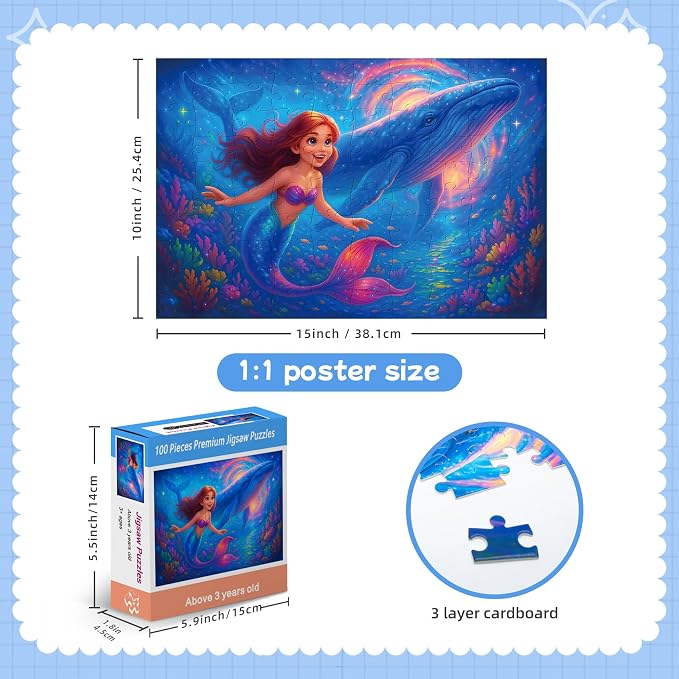 100 Piece Puzzles Mermaid and Whale Puzzle for Kids Ages 4-6 6-8 8-10 | Learning Educational Jigsaw Puzzles Toys with Full-size Poster, Holiday/ Birthday/Party/School Gifts for Children