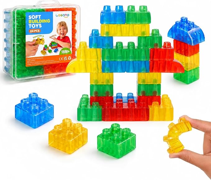LESONG Sensory Building Toys for Toddlers: 24PCS Squeezable Silicone Stacking Toys – Early Learning Construction Playset for Preschool Manual Skills, Birthday Gifts