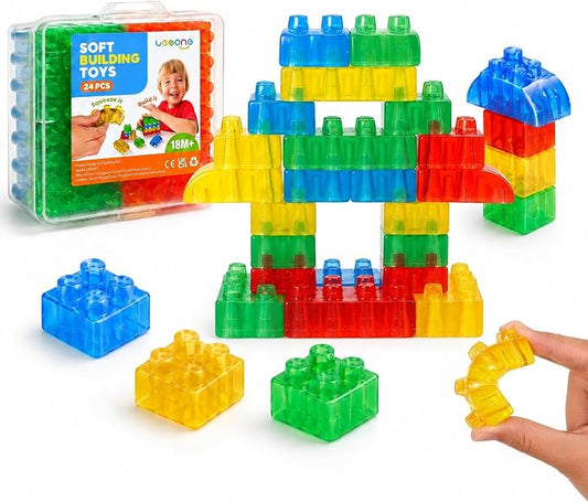 LESONG Sensory Building Toys for Toddlers: 24PCS Squeezable Silicone Stacking Toys – Early Learning Construction Playset for Preschool Manual Skills, Birthday Gifts