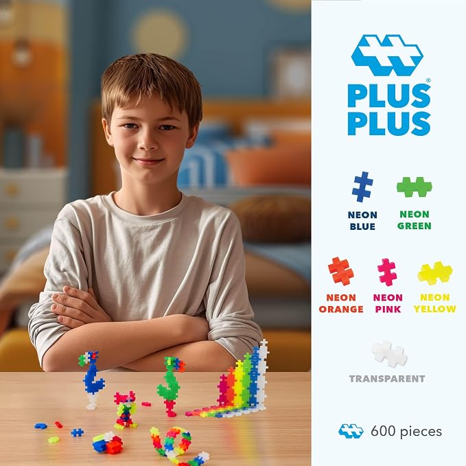 PLUS PLUS 600 Piece Neon Mix - Mini Waffle Blocks, Classroom Must Haves | STEM Toys, Sensory Bin Filler, Autistic Kids Must Haves, Gifts for Boys & Girls, Christmas Stocking Stuffers for Kids