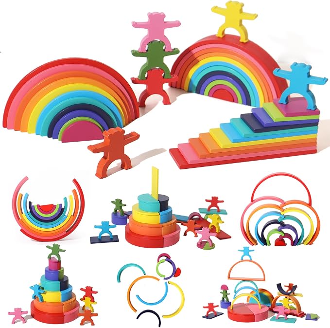Dinhon 40-Piece Wooden Rainbow Stack Set, 4-in-1 Building Blocks preschoolers Early Development & Activity Toys Montessori Toys for Kids 1 2 3 4 Years and Older Gifts for Boys and Girls