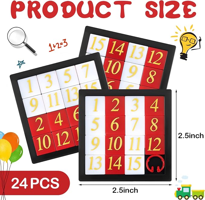 24 Pcs 15 Slide Puzzles for Kids Number Slide Puzzle Set - Brain Teaser and IQ Educational Toy for Teens, 2.6 x 2.6 Inches, Ideal for Teacher Rewards, and Learning Toys Great Party Favors