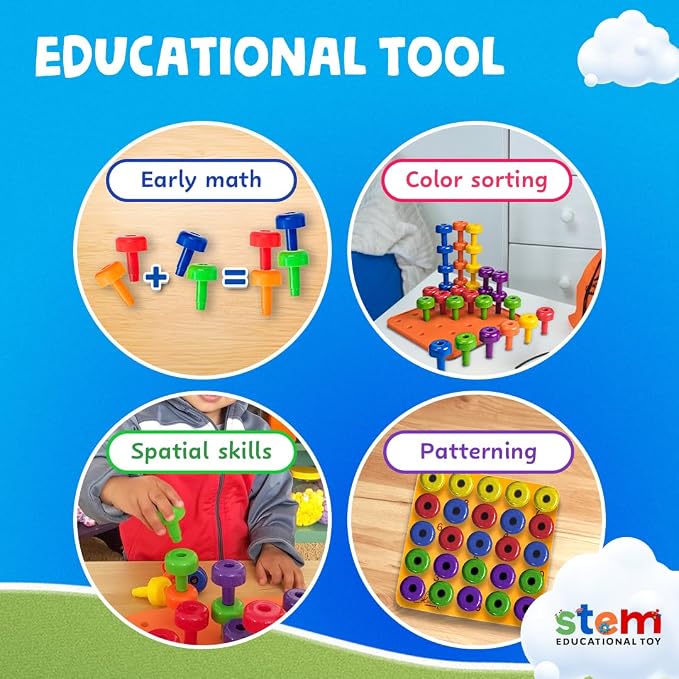 Peg Board Set, Montessori, 33 Pc Plastic, Pegs, Dice, Lacing | Occupational Therapy Toys with Pegs, Dice, Lacing String & Storage Bag, Educational, Sensory