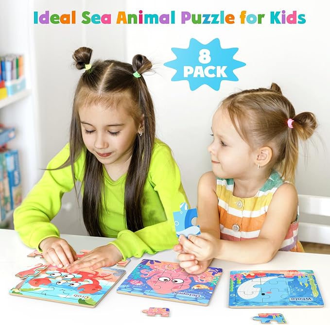 Zeoddler Wooden Puzzles for Toddlers, 8 Pack Sea Animal Jigsaw Puzzles for Kids3-5, 9 Pieces Preschool Learning Activities, Learning & Educational Toys, Gift for Boys, Girls
