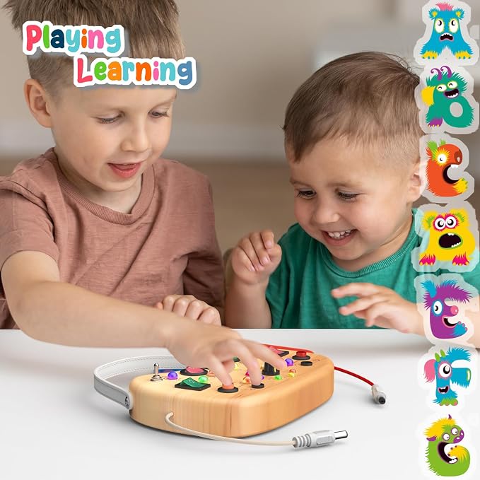 flycoost Busy Board with LED Light Switches,Toddlers Activity Board | Wooden Montessori Toys for 1 2 3 Years Olds,Portable Sensory Switch Board ,Car & Airplane Travel toys Boy&Girl Birthday Gift