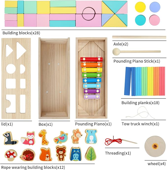 Montessori Toys,Solid Wood Building Blocks and Shapes,Xylophone Set | Montessori Wooden Lacing Beads,Wooden Storage Box for Kids Ages 36 Months+,Toddler Block Set and Converts into a Pull Car