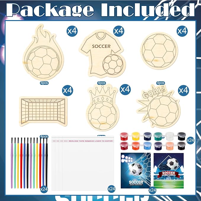 Chunful 24 Sets Soccer Party Favors Wooden Painting Crafts Kits DIY Soccer Paint Arts and Crafts Gifts for Birthday Party Decoration Craft Project