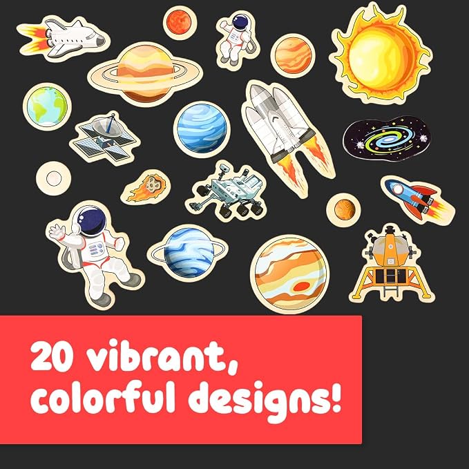 SPARK & WOW Wooden Magnets, Space, Set of 20 | Magnets for Kids Ages 2+, Adhere to Fridges, Whiteboards and More