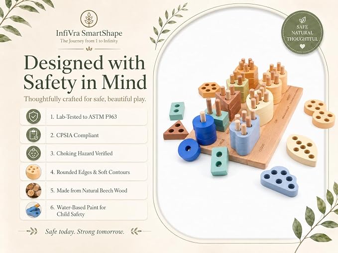 SmartShape — Montessori Wooden Shape Sorter with Cloud, Leaf & Infinity Shapes, Progressive 1-to-8 Peg Stacking Board for Toddlers 1-5, Fine Motor Learning Toy & Heirloom Gift