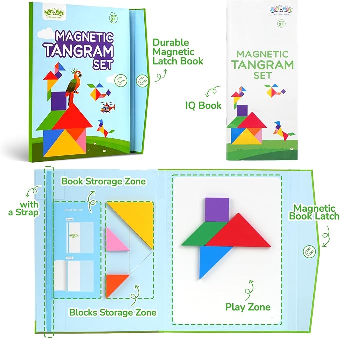 BenBen Travel Tangram Puzzle with 2 Sets Magnetic Wooden Shapes for Kids | Extra Large Dual-Sided Magnet Surface, Color Pattern IQ Book, Road Trip Car Plane Game, Educational STEM Toys for Kids Adults