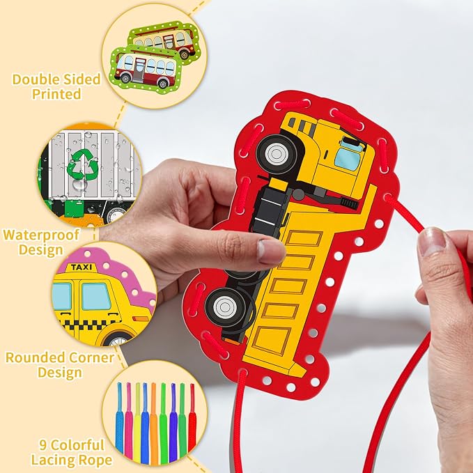 Vehicle Lacing Cards, Sewing Kit for Kids,Fine Motor Skills Toys | 9PCS Double Side Toddler Crafts for Shoe Tying Practice,Manipulatives for Preschool Learning Activity,Classroom Must Haves