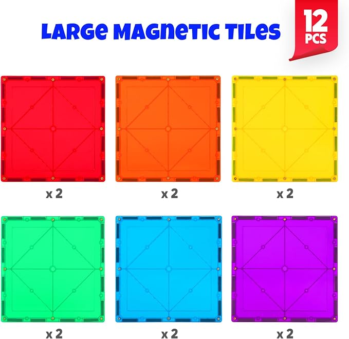 Large Magnetic Tiles Set -12PCS Square Magnetic Tiles Expansion Pack, STEM Educational Construction Stacking Blocks, Compatible with Major Brands