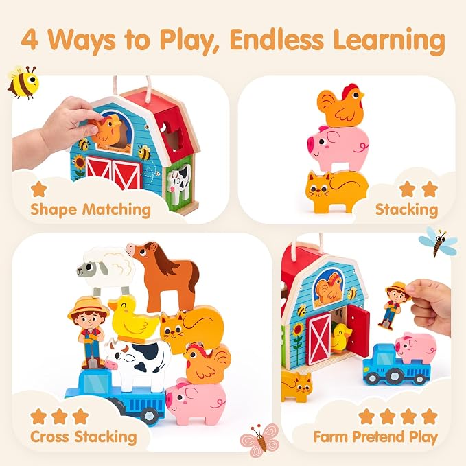 hahaland Wooden Montessori Toys Farm Animals Barn for Toddlers 1-3 | Shape Sorter Sorting & Stacking Learning Toy for 1 2 3 Year Old Boys Girls, Educational Toy Christmas Birthday Gift