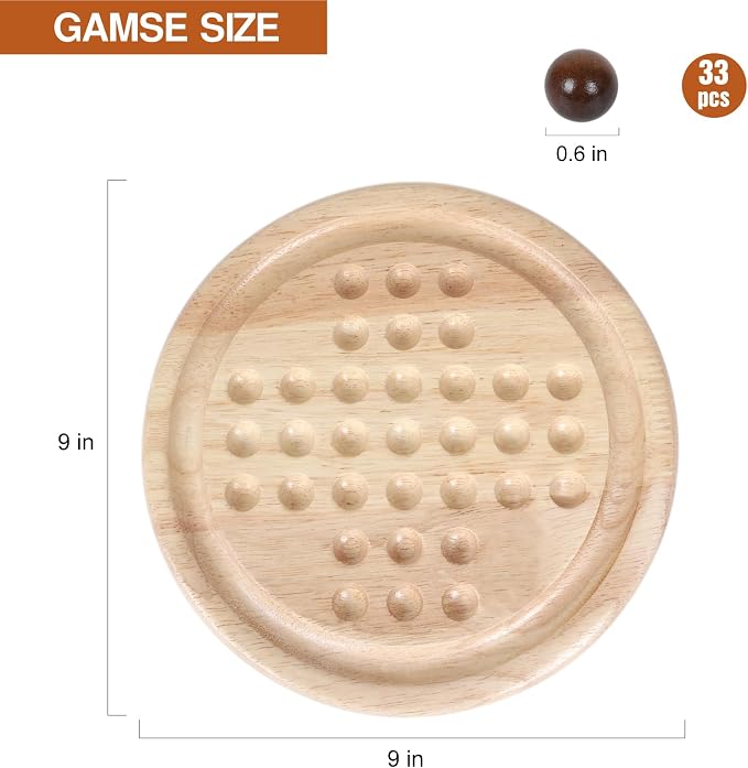 Gothink Solid Wood Solitaire Game, Classic Handcrafted 9'' Wooden Solitaire Board, 33 Smooth Wooden Balls, Single Strategic Mind Game for Kids and Adults