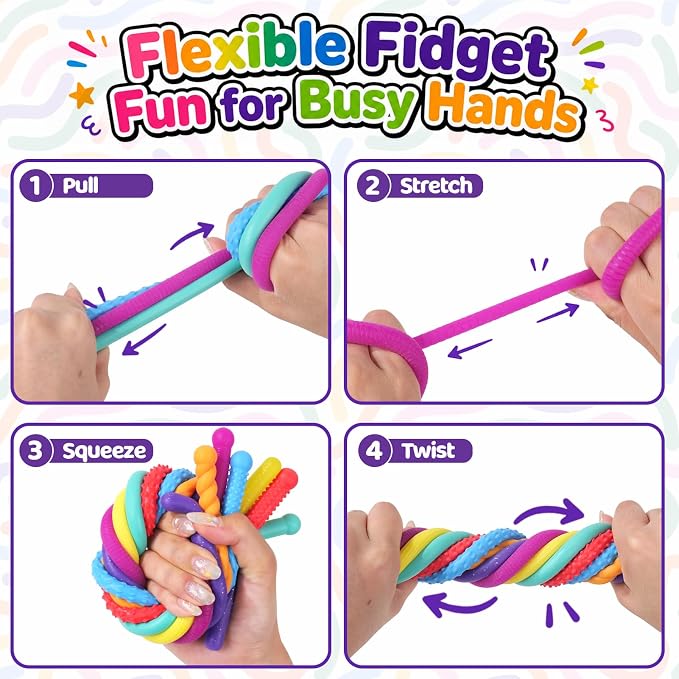 Fidget Sensory Stretchy Toys for Kids, 24-Pack Textured Stretch Noodles with Storage Bucket, Sensory Toys for Autism Stress Relief, Quiet Calm Down Gifts for Classroom Prizes Party Favors, Travel Toys