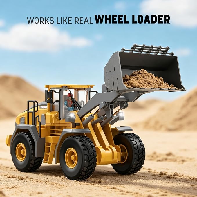 KIDMARKT Metal RC Wheel Loader Toy | 9-Channel Remote Control Construction Truck with Realistic Lights & Sounds, 1:20 Scale Rechargeable Vehicle for Boys Ages 3-12, STEM Engineering Gift for Kids 2026