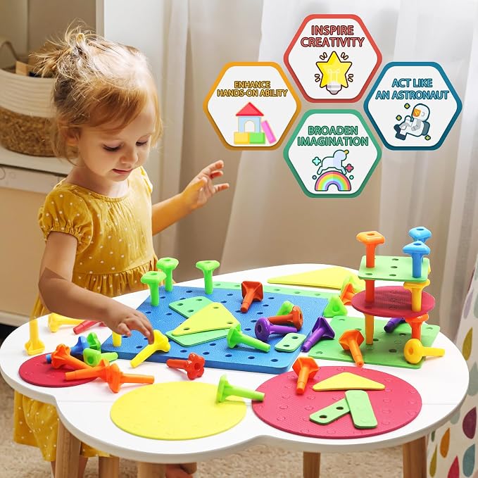 Ggiibro Peg Board Toy Set 101Pcs DIY Building Stacking Toys for Kids 3-6 Years Old,STEM Educational Kids Toy for Brain Development,Montessori Sensory Toys,Plastic Lacing String Game