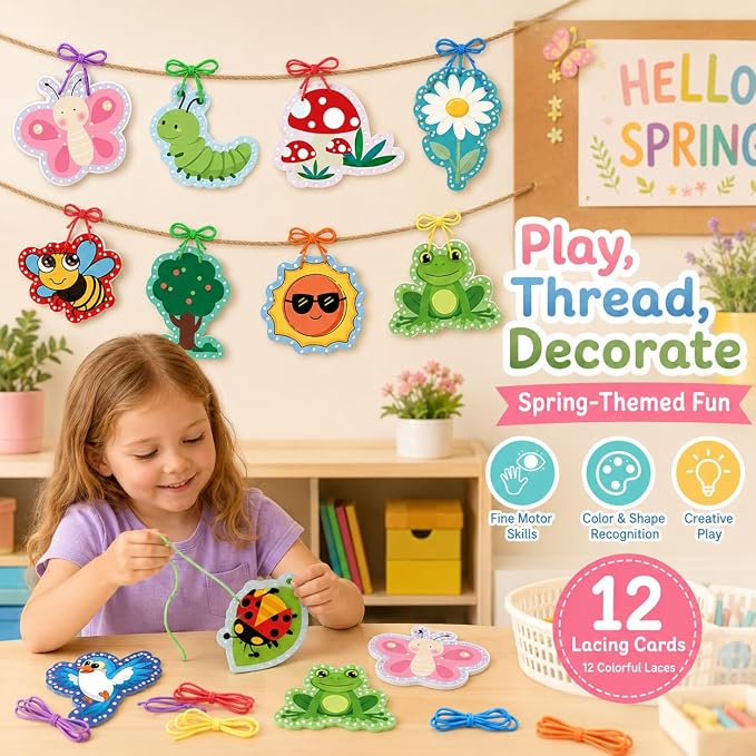 Lacing Cards for Toddlers Fine Motor Skills Montessori Travel Activities | Summer Theme Double-Sided Sewing Cards with Colorful Laces Classroom Supplies Quiet Time Educational Games for Kids ﻿