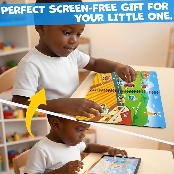 Reusable Sticker Book for Toddlers – Vehicles & Construction, 3 Sheets Washable Car Truck Jelly Stickers, 9 Play Scenes Sticker Activity Book for Kids, Road Trip Travel Toys