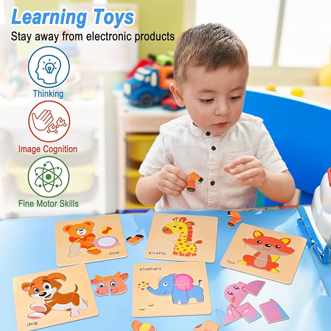 8pcs Wooden Puzzles for Toddlers 2 3 4, Toddler Puzzles Ages 1 2 3 4 | Montessori Educational Jigsaw Toys Puzzles Christmas Birthday Gift for Kids Girl Boy 1-4 Year Old (Zoo Animals)