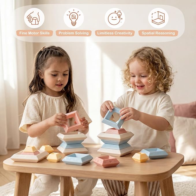 Joyreal Montessori Stacking Blocks for Toddlers 1-3，30PCS Nesting & Building Toys with Storage Bag,Educational Fine Motor Learning Toy, Preschool STEM Stacking Blocks for Boys Girls 12M+