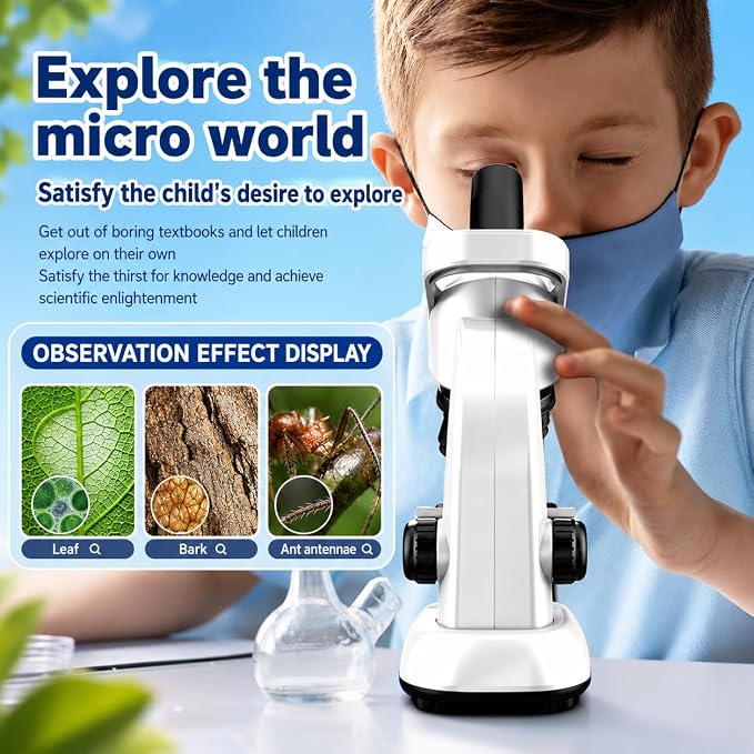 Kids Microscope Kit, 40X-1600X Beginner Microscope for Kids with LED Light, Prepared Slides, Phone Adapter and Lab Tools, STEM Science Toy for Ages 5-12