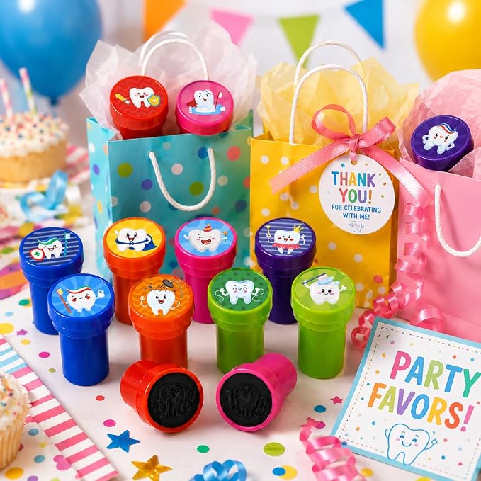 Cinrobiye 24 Pcs Teeth Stampers Party Favor Set, Cute Dental Health Stamps for Kids Birthday Party, Classroom Rewards, Educational Learning Toys, Goody Bag Fillers, Dental Care Party Supplies