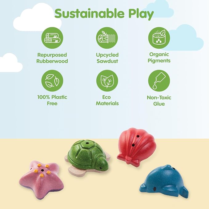PlanToys® Sea Life Bath Set Wooden Montessori Water Play Kids Toy Ocean | wooden sea life bath set, montessori tactile water play, fine motor sensory exploration, cause effect learning, kids toy