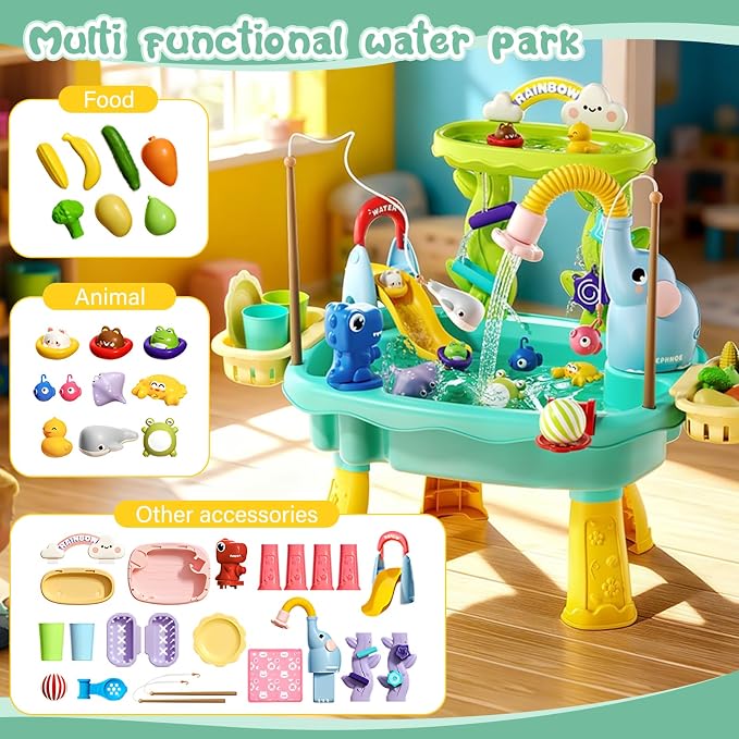 2027 Upgraded 4-in-1 Water Table for Toddlers 2-3, Kids Sensory Table with Electric Water Pump & Faucet, Kitchen Play Sink Toys with Food Accessories, Fishing Toy (NEW Blue)