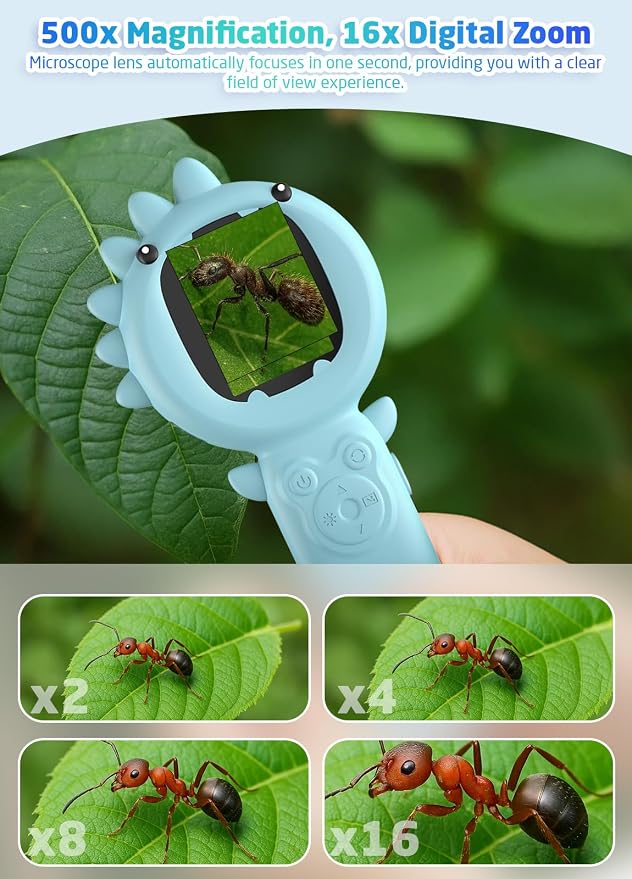 PHNIXGAM Kids Microscope Camera, 500X Handheld 2" IPS Screen, Blue Dinosaur | 2-in-1 design, supports multiple viewing angles, outdoor STEM toy, birthday gift for boys/girls 3-10, rechargeable/portable