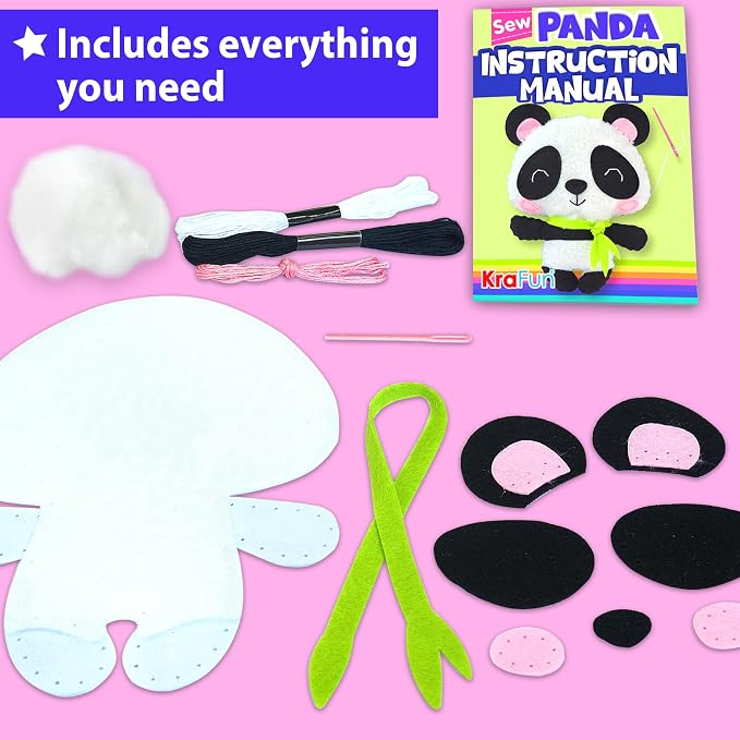 KRAFUN Panda Sewing Kit for Kids Ages 8-12 - No Scissors No Glue | Pre-cut & pre-punched felt. Child-safe needle included. Sew your own plush panda. Beginner craft gift for girls & boys