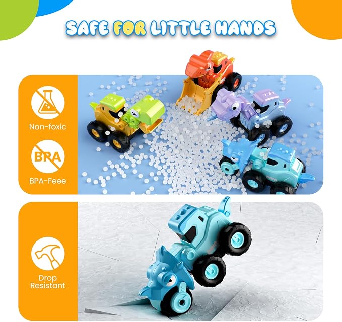 Dinosaur Construction Truck Toys for Toddler Boy Kid | Press and Go Dino Toy Truck,Sandbox Beach Toys,Chrstmas Birthday Gifts for 2 3 4 5 Year Old Boys Girls