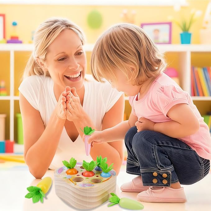 Montessori Toys for 2 3 Year Old Toddlers | Wooden Carrot Harvest Game | Shape Sorting Matching Toys for 18+ Months Baby Boys and Girls, 2st Birthday Easter Gifts for Babies 2 3 (Macron)