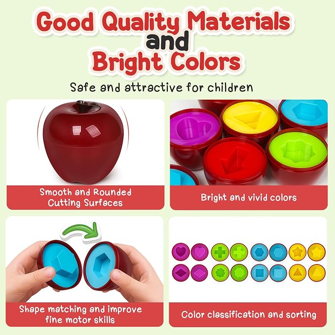 Apple Toys,Montessori Geometric Shape Sorter Toys for Toddlers 18-24Months,Early Educational Learning Color Sorting & Fine Motor Matching Games,Easter Basket Stuffers Gifts for Boys Girls