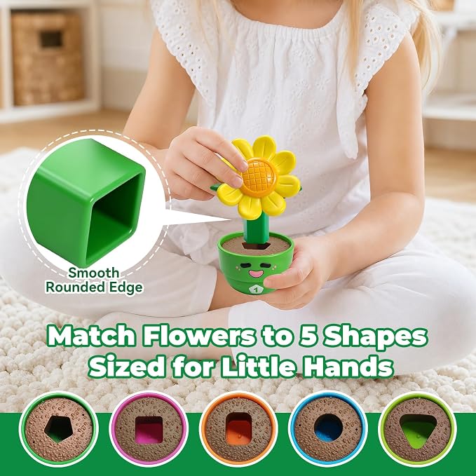 Montessori Flower Garden Building Toy for Girls & Boys, Toddler Gardening Set with 5 Shape & Number Flowers, Preschool Learning Matching & Stacking Game, Sensory Toys Gifts for 1 2 3 Year Old