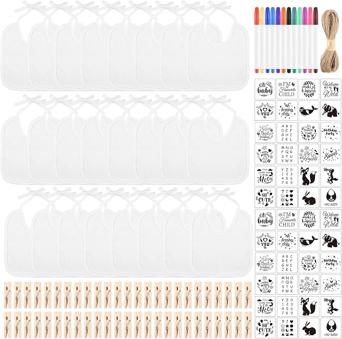 110 Pcs DIY Baby Bibs Decorating Set Includes 24 White Bibs, 12 Fabric Markers, 24 Stencils, 50 Clothespins, 1 Hemp Rope for Baby Shower Games Boys Girls