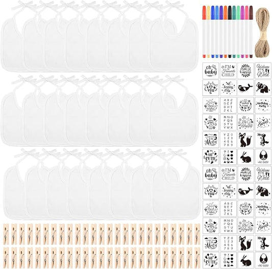 110 Pcs DIY Baby Bibs Decorating Set Includes 24 White Bibs, 12 Fabric Markers, 24 Stencils, 50 Clothespins, 1 Hemp Rope for Baby Shower Games Boys Girls