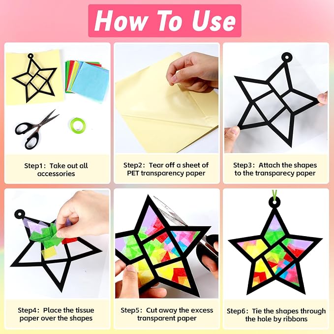 Qyeahkj 36 Set Geometric Shapes Suncatcher Crafts for DIY Star Window Tissue Paper Craft Kit Triangle Heart Hanging Decor for Summer Home Activity Art Project Birthday Party Favor Gift