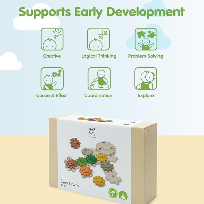 PlanToys® Wooden Gears & Puzzles Set Montessori STEM Kids Educational Toy | rotating parts, cause and effect toys, construction toys, girls, boys, logical thinking fine motor learning gift set fun