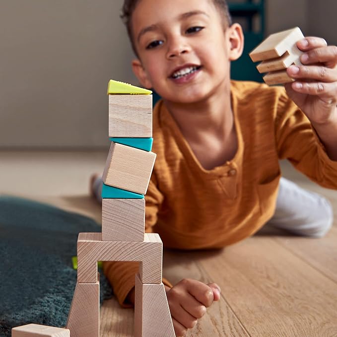 HABA Kids Building Blocks Set Crooked Tower, 19 Wooden Blocks and 6 Wedges with Pattern Cards for Toddlers 4+, Wood Stacking Toys Made in Germany