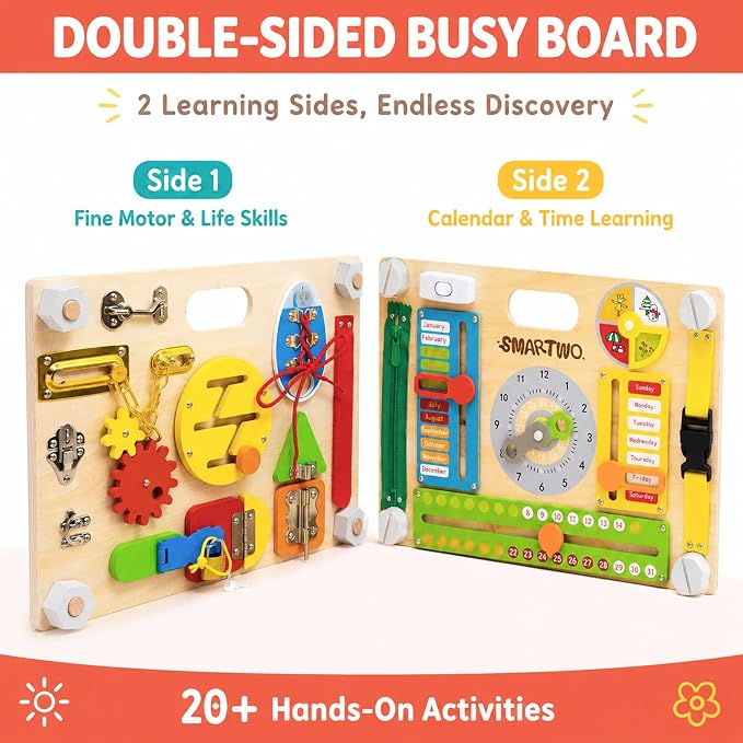 Montessori Busy Board for Toddlers 3+, Double Sided Sensory Board | 2-in-1, 20+Activities, Fine Motor Skills Toy, Calendar Learning Board, Life Skills Travel Toy