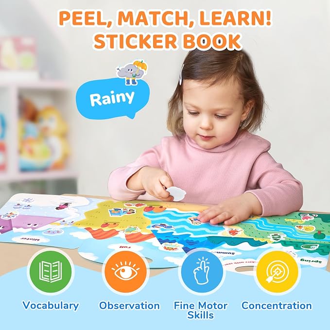 JoyCat Reusable Weather Theme Sticker Book, Travel Toys for Toddlers & Kids | Washable stickers make a kids' activity book for car, airplane and road trips; educational birthday gifts for boys and girls.