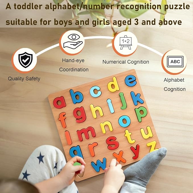 Wooden Puzzles for Toddlers, 2 Pcs Alphabet & Number Shape Wooden Puzzles | Natural Wood Material, Bright Colors, 15 numbers puzzles, 26 English alphabet puzzles, for kids ages 3 4 5