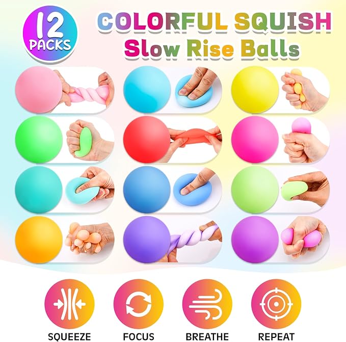 VISCOO 12 Pack Slow Rising Stress Ball,Stress Balls for Adults,Fidget Toys | Hand Therapy Sensory Squishy Ball for Stress Relief, Squishy Toys for Kids, Classroom Prize Box Party Favors